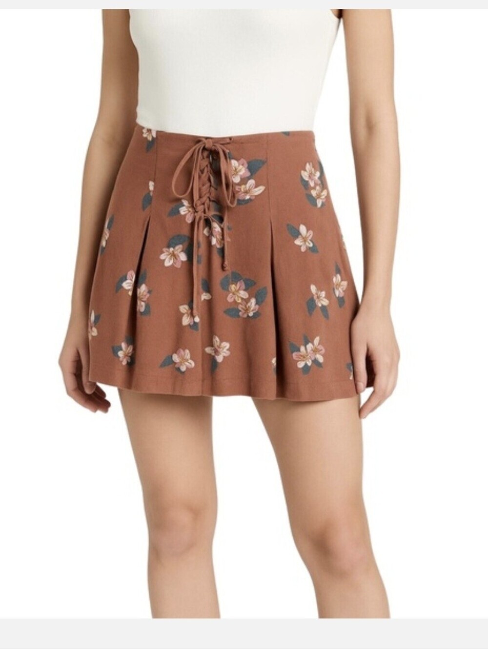 Free People Floral Rust Brown Skater Lace-Up A-Line Mini Skirt